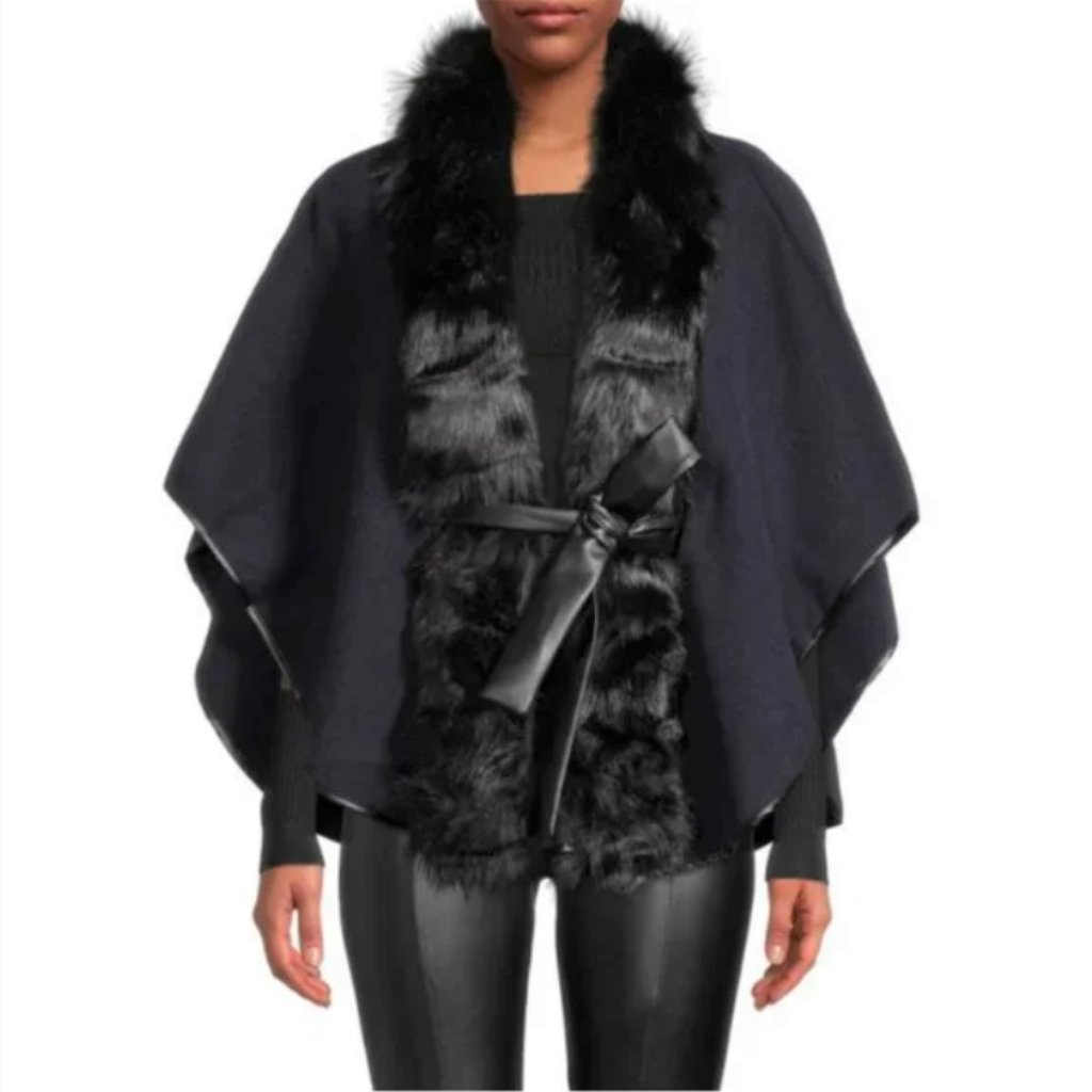 Laundry By Shelli Segal Dark Navy W/Black Faux Fur Cape O/S